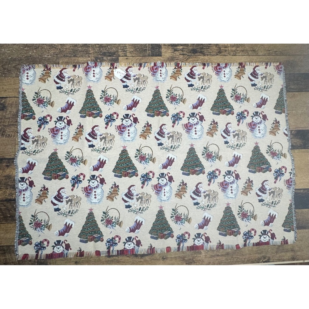 Vintage Christmas Tapestry table cloth Santa Snowman Trees Stockings‎ Presents